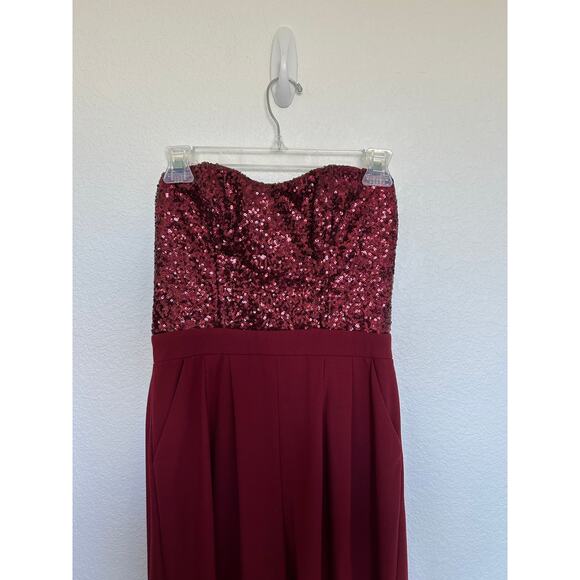 Gianni Bini Burgundy Strapless Sequin Palazzo Pants Romper - M - Picture 2 of 5